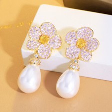 Gold Plated Pink Flower Long Dangle Drop Pearl Earrings Zirconia Wedding Jewelry