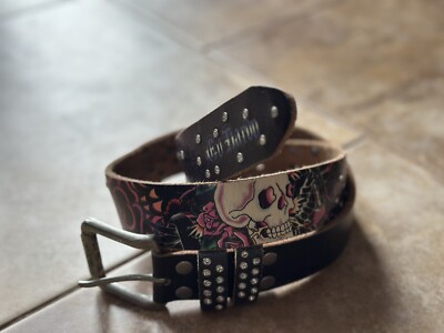 Ed Hardy leather retro Y2K biker hearts & rose, stud belt with embroidery size M Ed Hardy XS Leather Belt Pink Rhinestones Embroidered Tattoo  main image 4