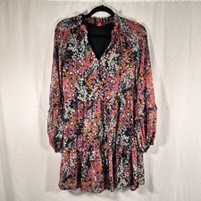 Vince Camuto Knee Length Dress Women's XS Pink Black Floral Vneck Sheer Long Sle