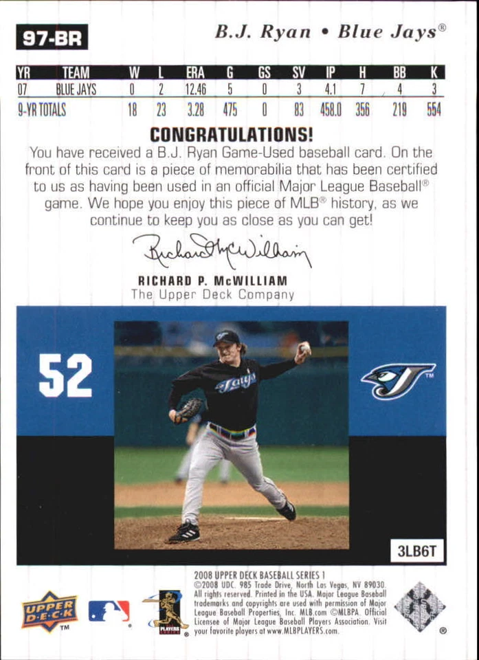 A1359- 2008 Upper Deck UD Game Materials 1997 #BR B.J. Ryan Jersey - NM-MT - Image 2 of 2