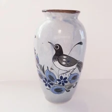 Vintage El Palomar Blue Vase 8 1/4" TONALA Brown Bird Mexican Pottery Signed Mex