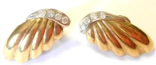 585 14K Gold & Diamond Omega Back Earrings Wing or Shell Shaped Signed CI 30mm