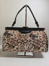 Vintage Tapestry Frame Handbag Floral Carpet Bag Style Brass Clasp 1950s 60s