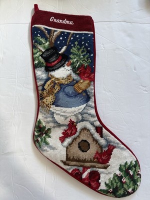 VTG Needlepoint Christmas Stocking GRANDMA Snowman Cardinal Bird House