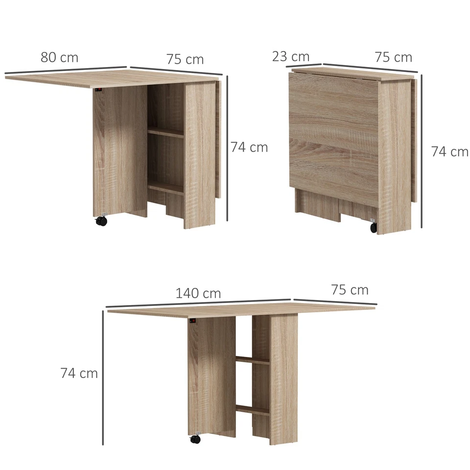 HOMCOM 80-140 cm Folding Dining Table for 4-6 Drop Leaf Table Natural - Image 3 of 4