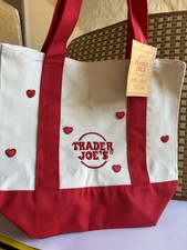Trader Joe's Mini Canvas Tote Bag Reusable Red White Hearts Pattern
