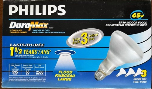 2 Packs Of 3 (6) Philips DuraMax INDOOR FLOOD 65w White BR30 Bulb 595 lumens - Picture 1 of 2