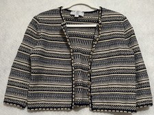 St. John Collection Marie Gray Knit Cardigan Jacket Navy Cream Gold Buttons L