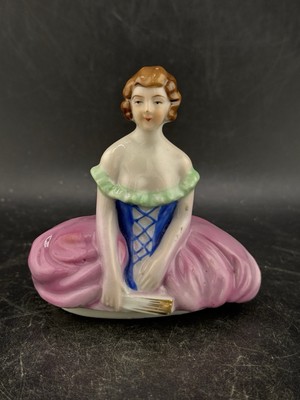 Vtg German Half Doll Trinket Box Lid ONLY lady In Pink Dress Victorian Glossy **