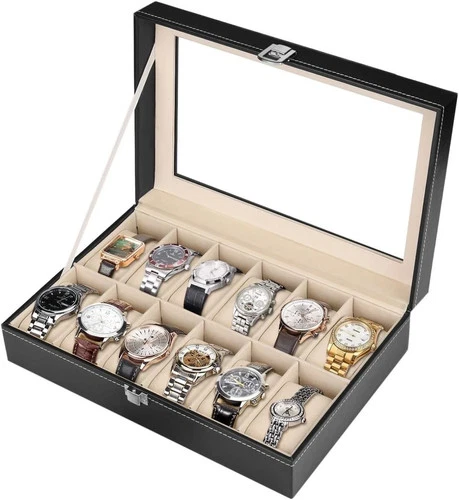 12 Grids Jewelry Case Storage Watch Box.Leather Display Organizer Glass Top NEW