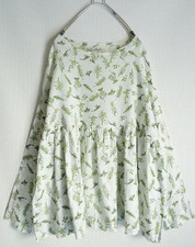Blusa Pullover ICHI Antigüedades Lino Estampado Floral Blanco Verde Excelente