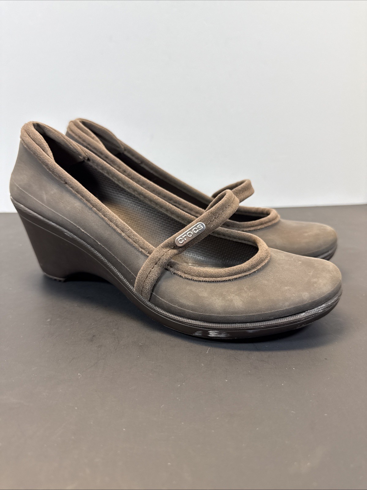 Crocs Brown Slip-On Wedge Heel Mary Jane Loafers for Women Size 8-image