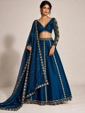 Teal Blue Gold Embroidered Lehenga Choli Set US 6