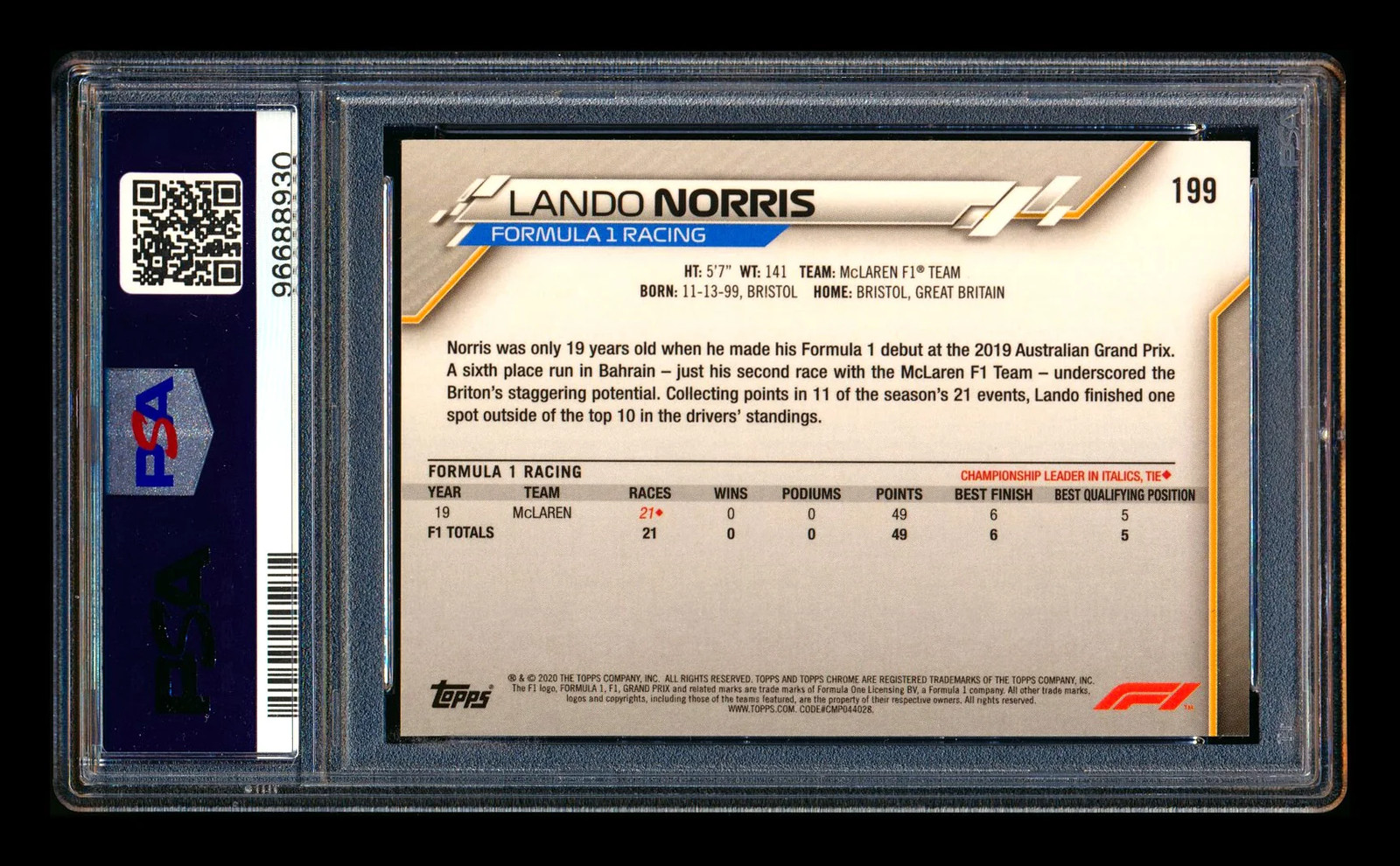 2020 Topps Chrome F1 #199 Lando Norris RC Freshest PSA 10 view 2