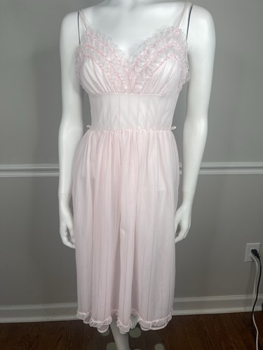 Vintage Tempo Rüschenbesatz Chiffon Dessous 32" Nachthemd rosa doppellagig - Bild 2 von 14
