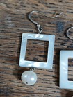 Vtg Carved MOP+Freshwater Baroque Pearl Dangle Drop Earrings Open Square Cube  — photo 4