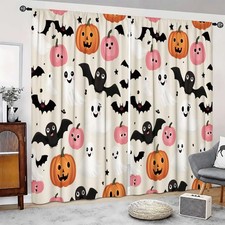 2Pcs Halloween Ghost Pumpkin Bat Curtains Thermal Insulated Drapes Home Decor