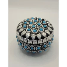 Vintage Turquoise Silver Tone Round Trinket Box OrnateLeaf Design A8-148