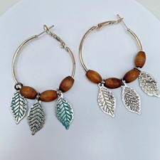 Vintage 90s Boho Silver Tone Hoop Earrings Wooden Beaded Patina Leaf Jewelry Y2K