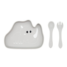 Baby Bubidoodoo Feeding Set, 3PCS Silicone Plate / Fork / Spoon - Themed Rhino