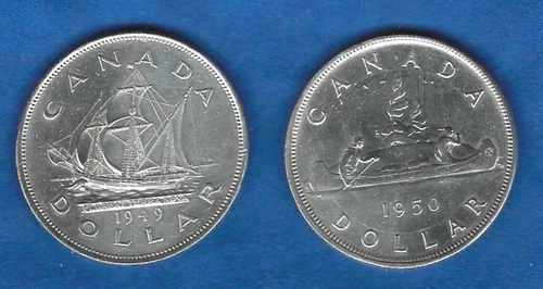 TWO 1949 &  1950 CANADIAN $1 DOLLARS CIRCULATED COIN - 80% PURE SILVER