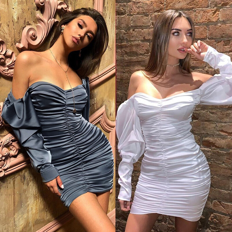 Sexy Mini Dress Sleeve Slash Neck Women Solid Party 2024 Sexy Mini Dress Sleeve Slash Neck Women Solid Party 2024