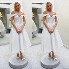 Satin Wedding Dresses Off Shoulder Tea Length Corset Bridal Gowns Plus Size