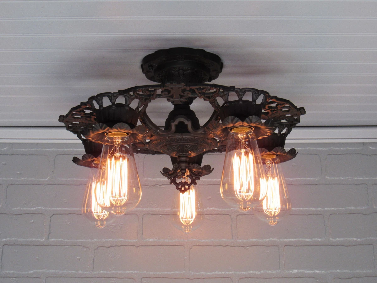 Vintage 1920 s Art Deco Semi Flush Mount Light Restored Matte Black Farmhouse