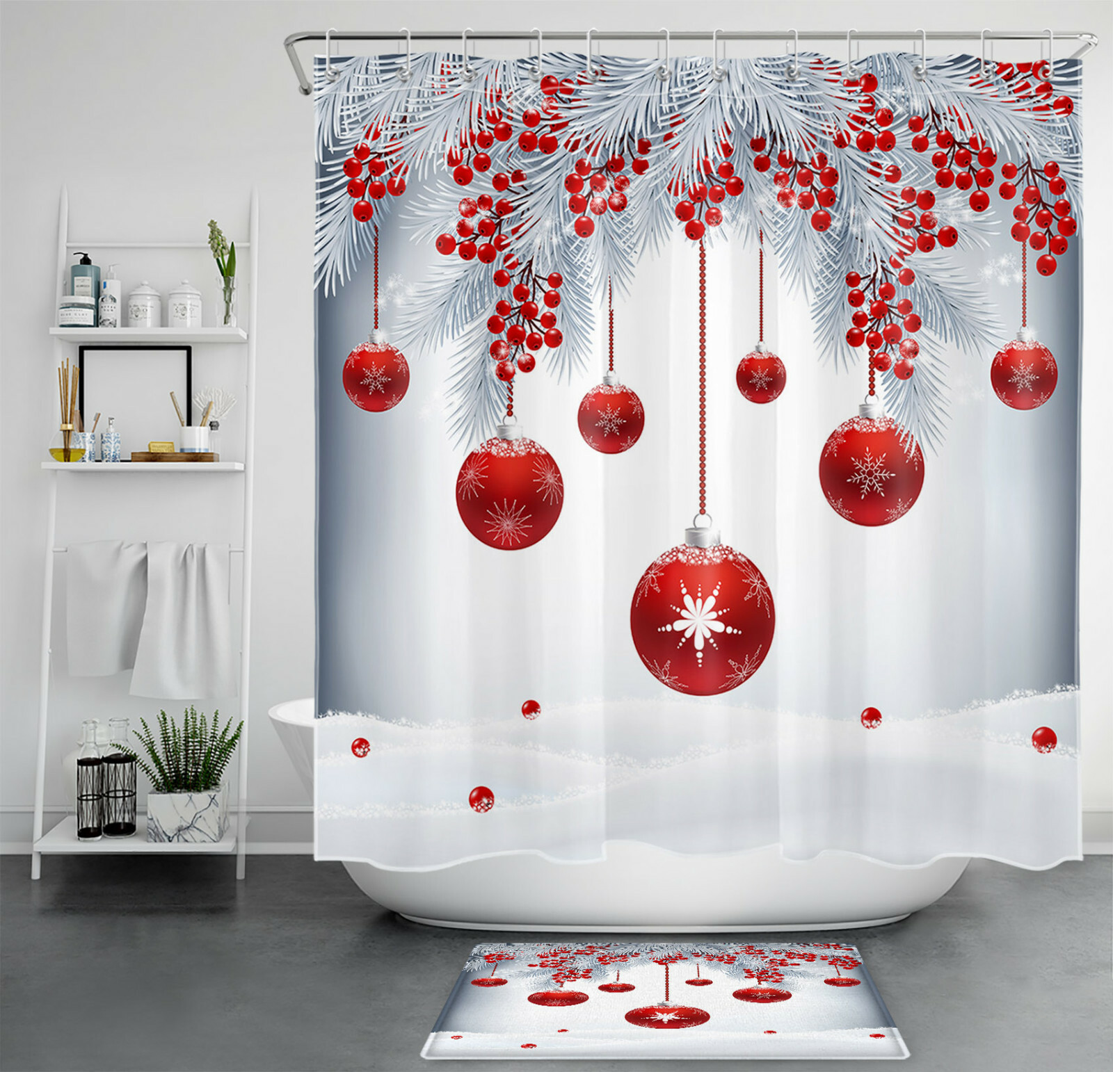 Red Christmas Ball Berry Shower Curtain Winter White Snow Bathroom Accessory Set eBay