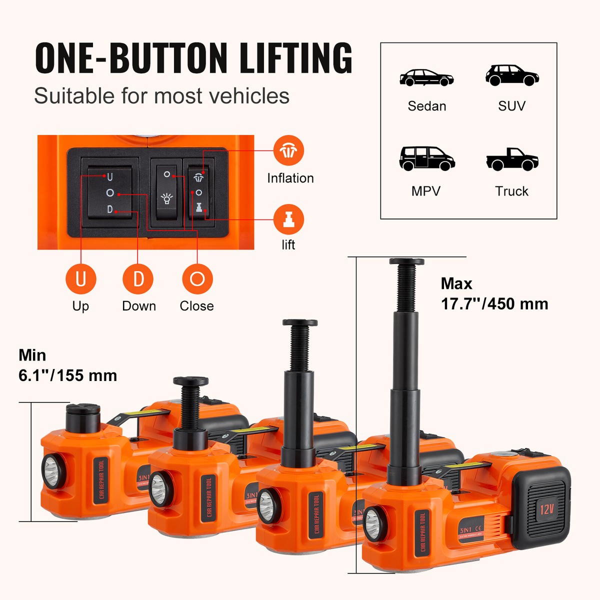 3in1 Electric Car Jack Auto Hydraulic Lift 12V DC 5T With Impact 