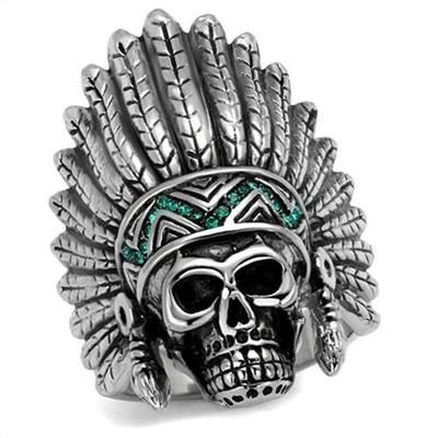 Indian Chief Head Dress Skull Stainless Steel Green Crystal Ring US Seller 