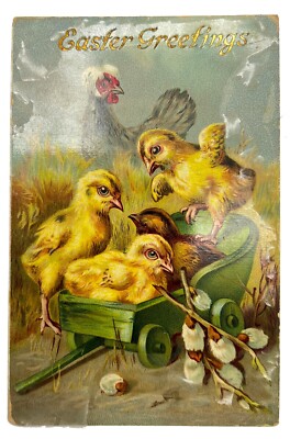 Postcard - 1913 Germany - Foil Lettered Easter Greetings, Chicks in Cart - #233