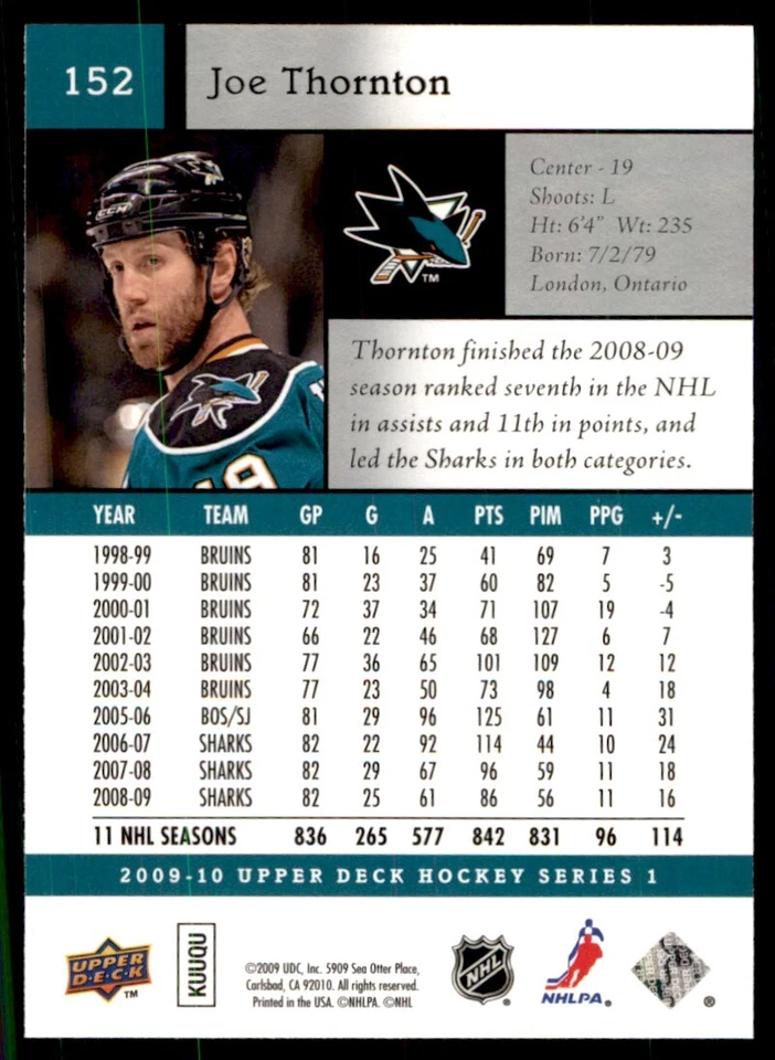 2009-10 Upper Deck Joe Thornton San Jose Sharks #152 - Image 2 of 2