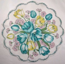 Vtg Hankie 13" round teal/yellow tulips with scalloped edge 24OT01 H282 