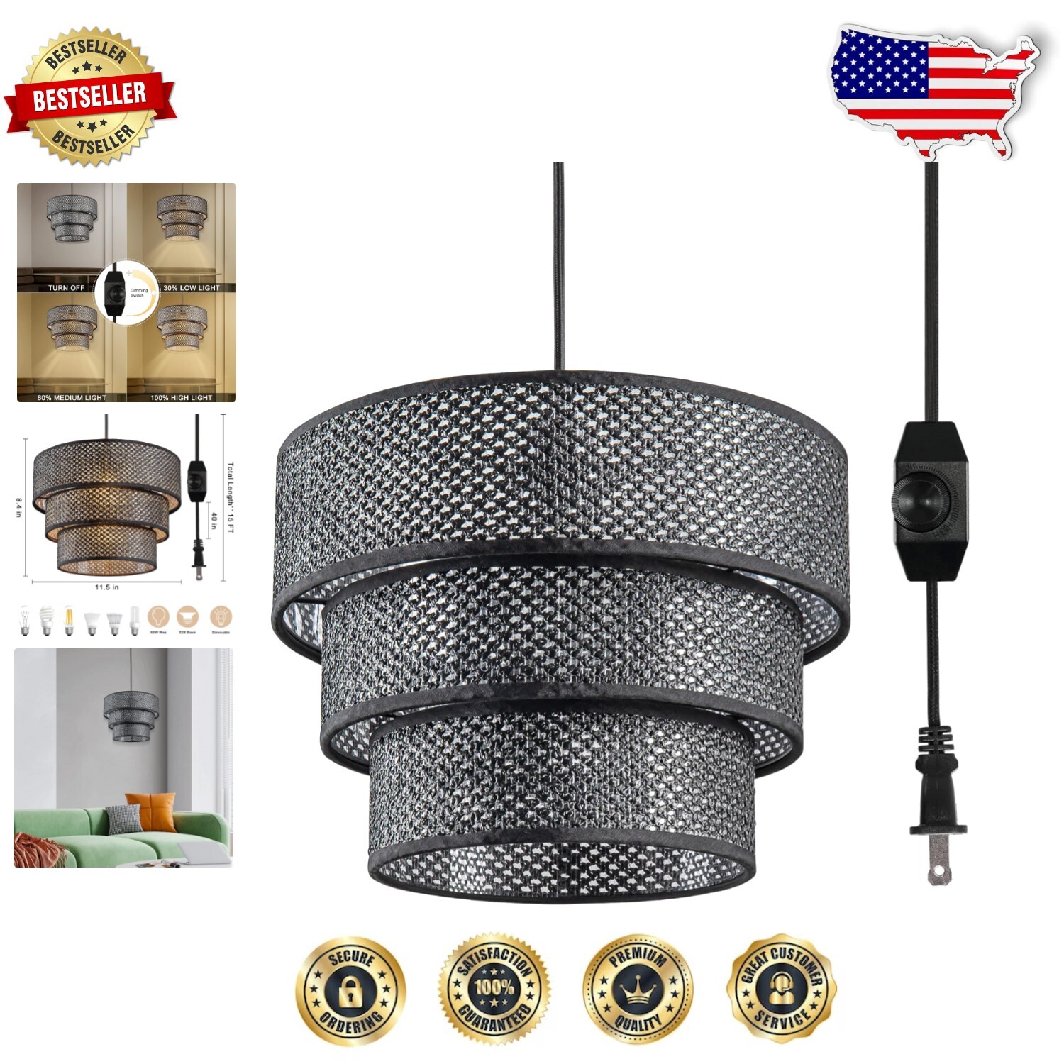 Versatile Hanging Light Fixture with Adjustable 15 Ft Cord - Dimmable & Stylish