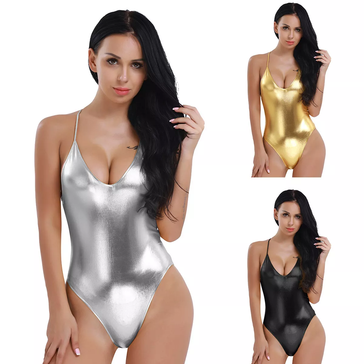 Women s One Piece Bodysuit PVC Leather Wetlook Swimsuit X Back