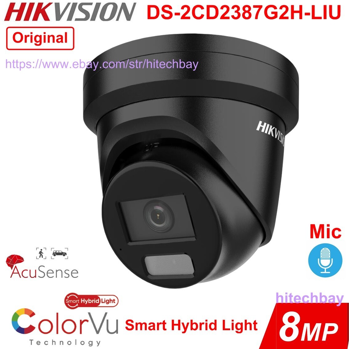 Hikvision 4K 8MP ColorVu AcuSense Mic PoE IP Camera DS-2CD2387G2H-LIU Black 2.8