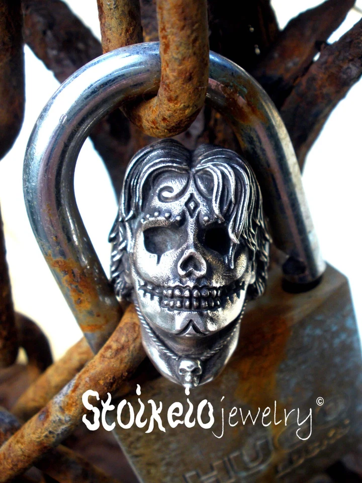 Sugar Skull Men's Ring , Skull Men's Sterling Silver Ring, sizes US 7 - 14 - Image 2 of 4