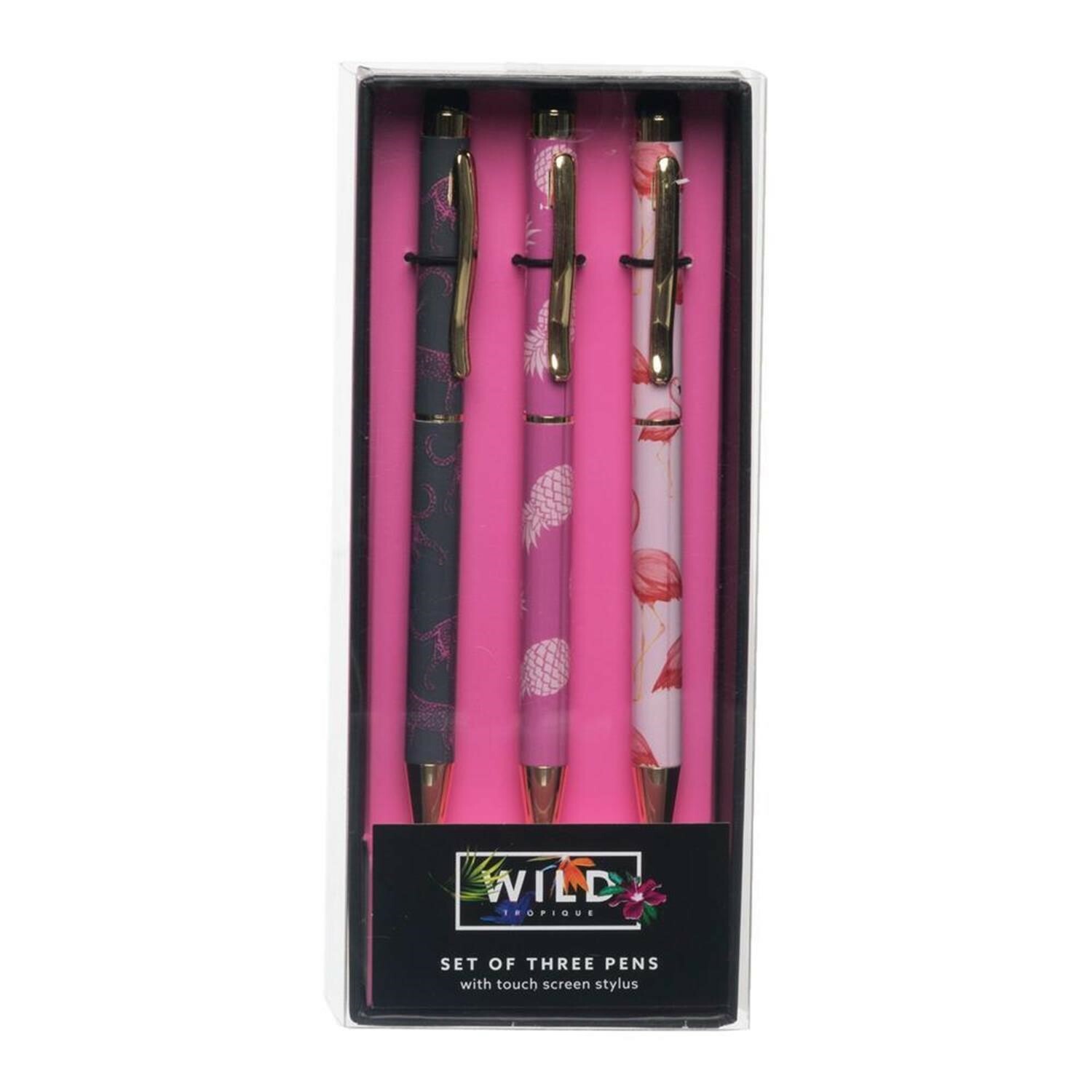 WHSmith Wild Tropique Pink Ballpoint Pens Black Ink With Stylus Pack of