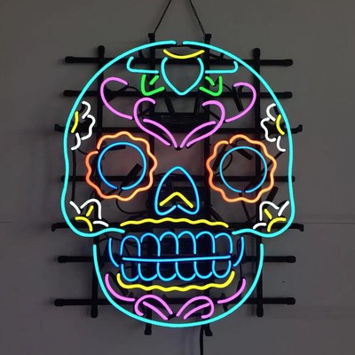 24''x20'' Dia De Los Muertos Hanuted Skull Neon Sign Club Bar Man Cave Decor Glass