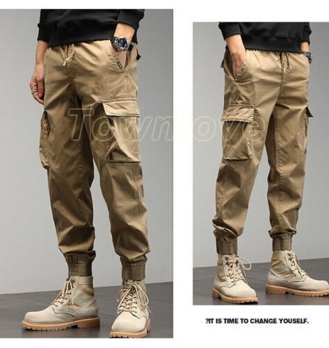 Fashion Men Combat Pants Joggers Tapered Work Trousers Cuffed Casual - Picture 1 of 28