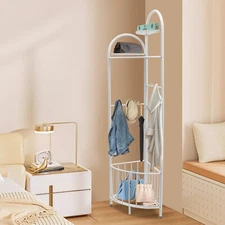 Corner Coat Rack with Storage Basket,White Corner Clothing Rack,Corner Coat Rack