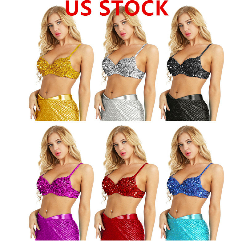 Womens Sparkle Beading Padded Bra Tops for Raves Dances Club Wear Belly