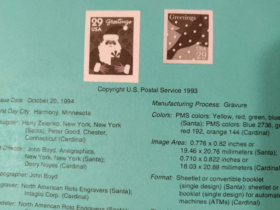 Holiday ' 94- Santa and Cardinal Self Adhesives Stamp Sheet MN 1994 Vintage - Image 3 of 4