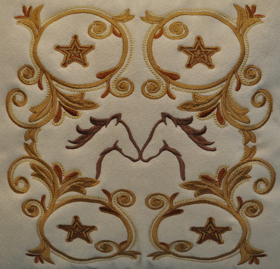 Embroidered Stars & Horses Pillow made w Faux Cream Suede Fabric 12" trim cord - Image 2 of 3