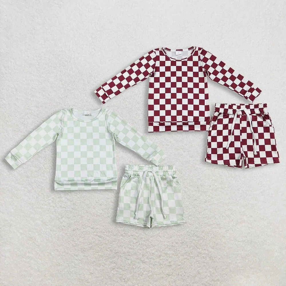 Toddler Girls Checked Print Long Sleeve Top With Pocket Shorts Outfit