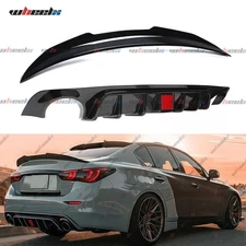 For 2018-2024 Infiniti Q50 LED Rear Bumper Diffuser & Rear Spoiler Glossy Black
