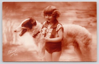 1926 Lovely Young Girl with Borozi Dog Russian Wolfhound RPPC Postcard