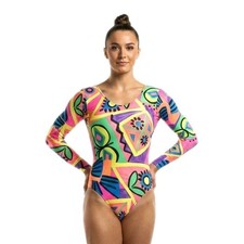 GK Elite VTG 90s Abstract Neon Butterfly LS Dance Leotard Bodysuit AS Adult S