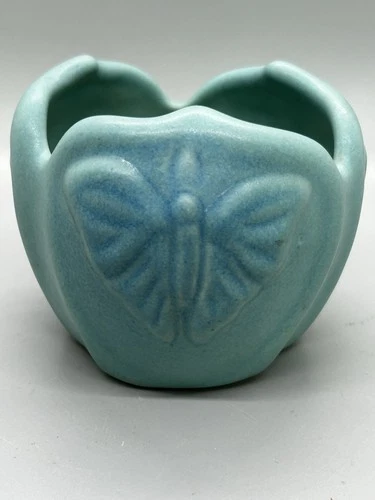 Vintage Van Briggle Turquoise Luna Moth Butterfly Embossed Pottery Vase 3 in.